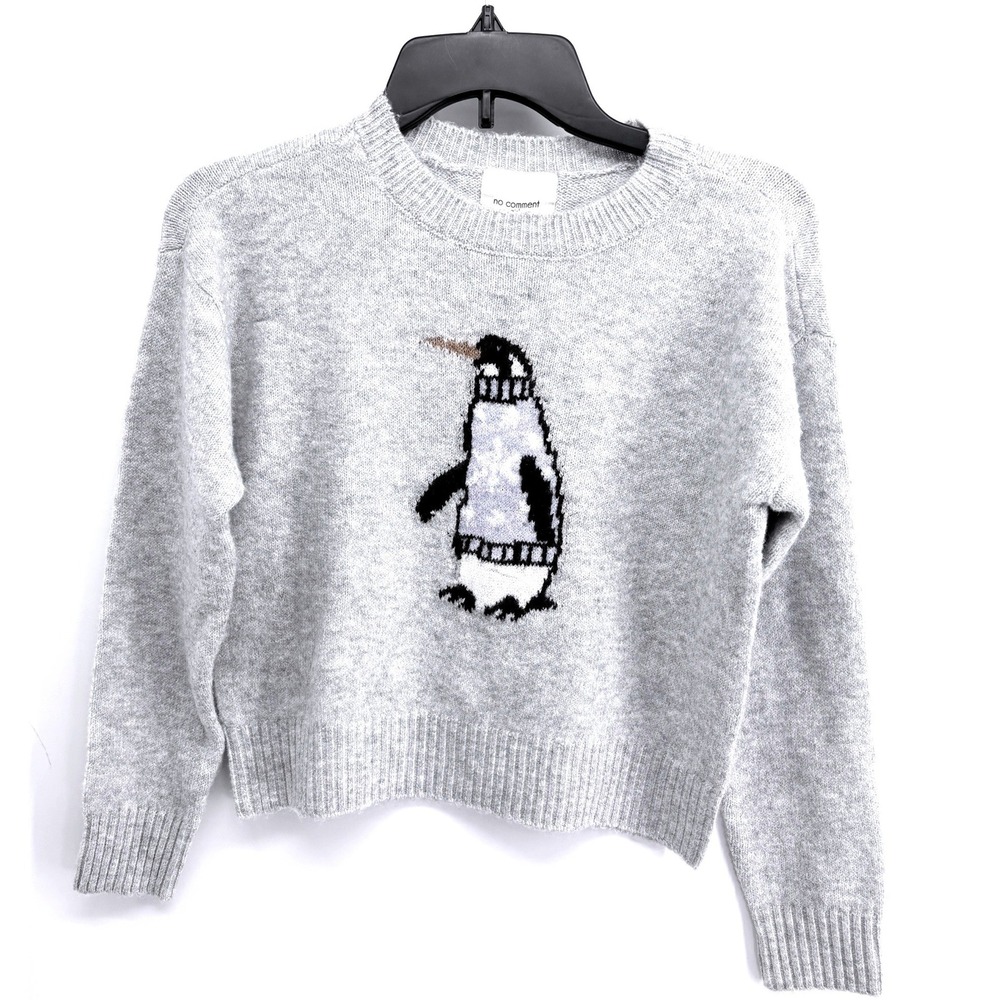 No Comment Girls Gray Penguin Intarsia Crewneck Sweater Size M 10/12 RS640816K